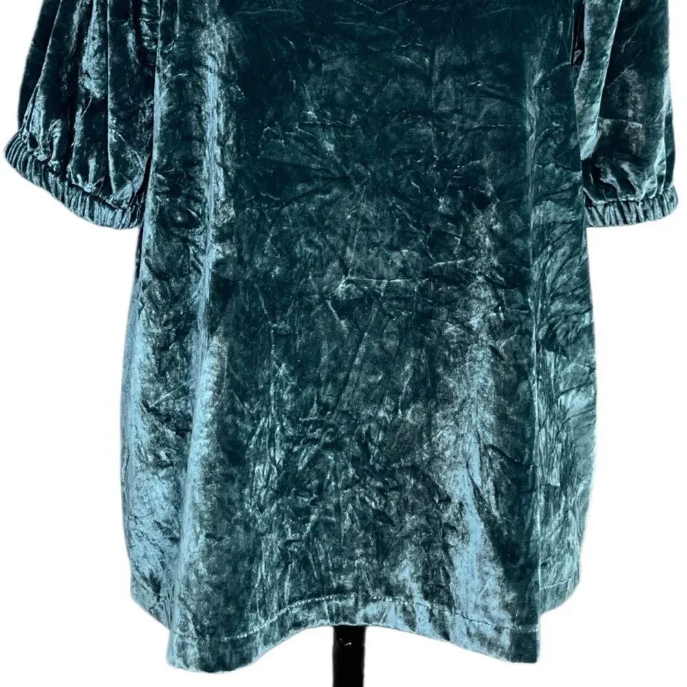 NWT Loft Whimsigoth Boho Teal Crushed Velvet Puff Sleeve Blouse Sz M